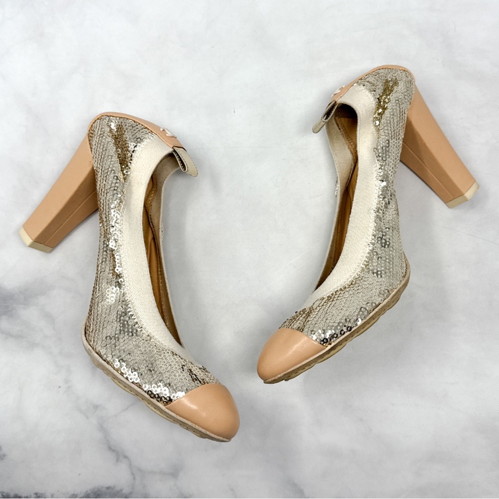 CHANEL CC Coco Mark Sequin Leather Elastic Block Heel Pumps Glam Designer Y2K - Picture 4 of 15